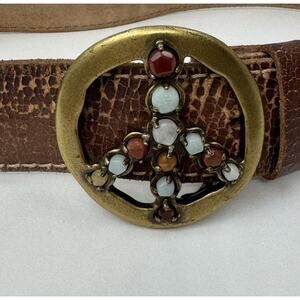 LUCKY Women's Brown Leather Peace Stones Rock Buckle Sz 30 belt "M " Boho Hippie